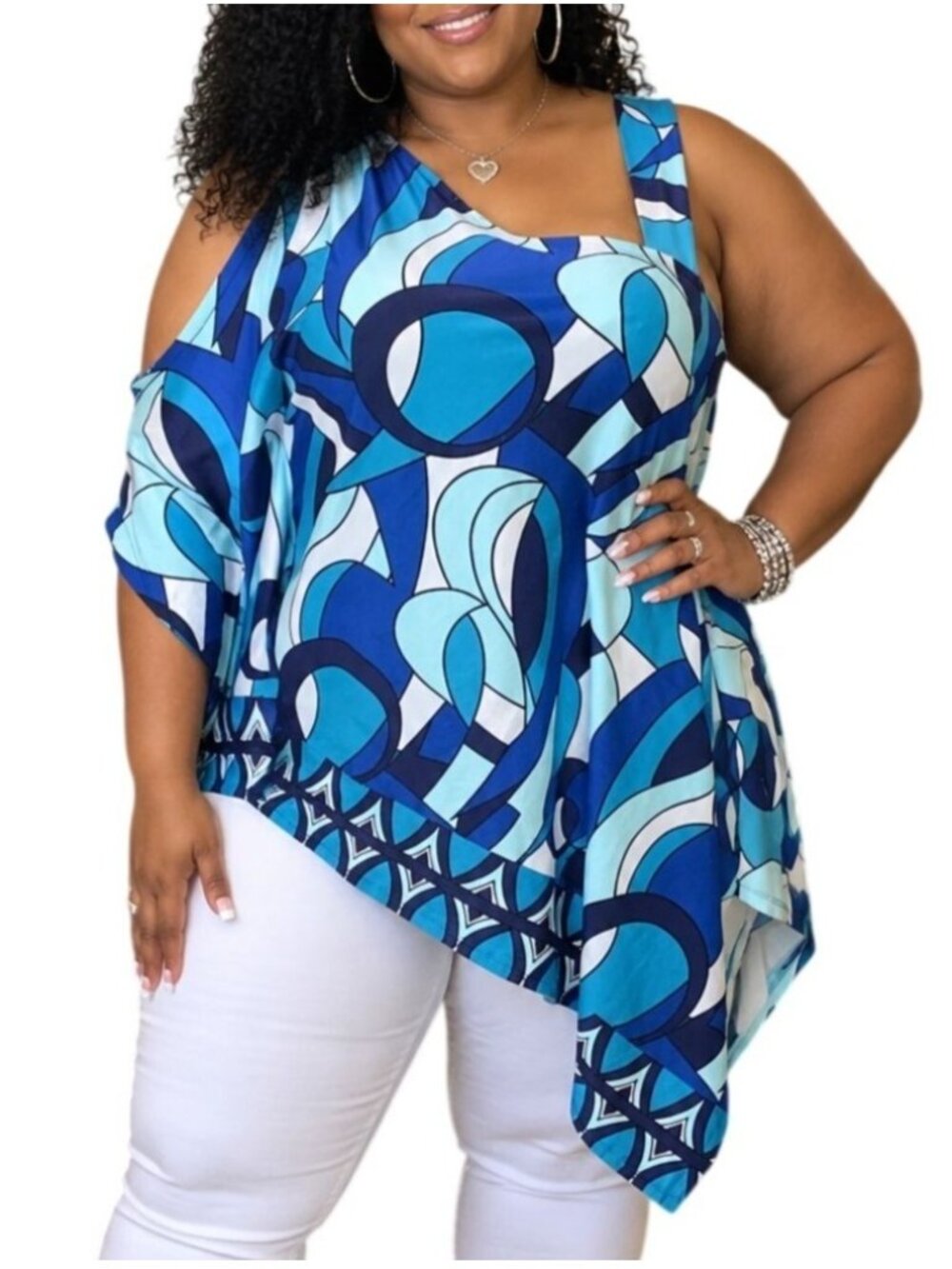 Kate & Mallory Plus Size 2X Top Asymmetric Sleeveless Blue Abstract Print Flowy